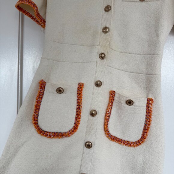 NWT Maje Risal Mini Dress EcruWhite Contrast Fray Trim Knit Shirt Collar Buttons - Picture 5 of 11